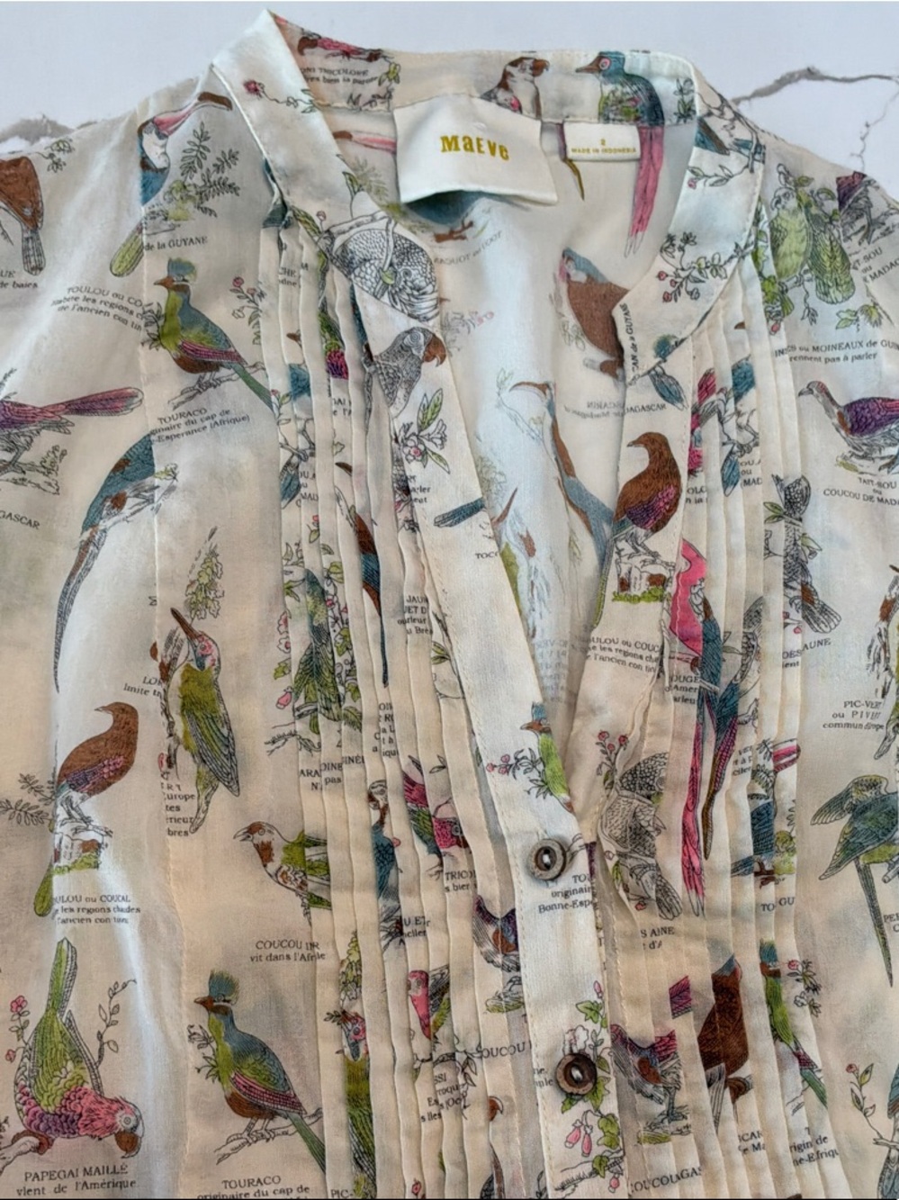 Maeve Cream Used Size 2 Sheer Bird Print Pleated Shirt Flare at Waist women